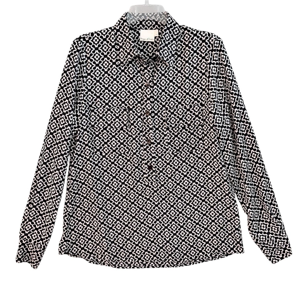 Kaya Di Koko Top Womens M Black White Geometric Blouse Button Up Office USA Made